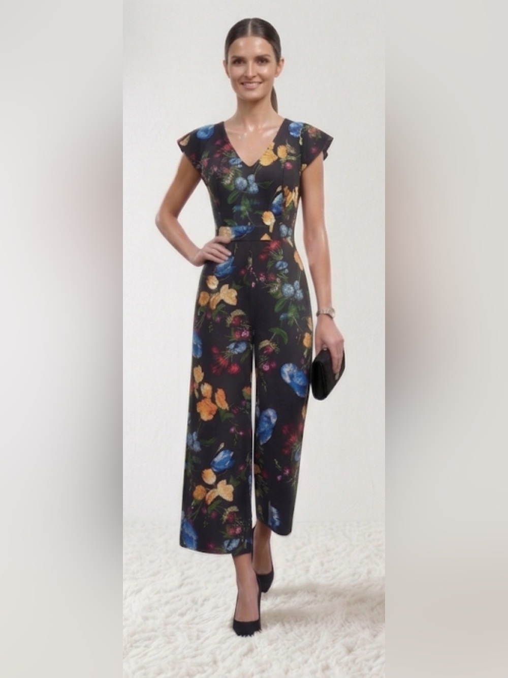 Parker Black Floral V-Neck Wide-Leg Jumpsuit